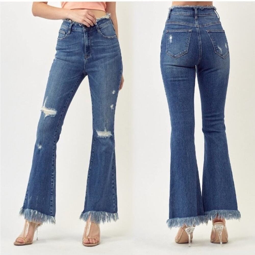 Risen High Rise Flare Jeans Frayed Hem Blue